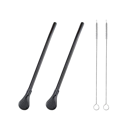2 filtros de cuchara de paja de acero inoxidable con 2 cepillos de limpieza, cuchara de té reutilizable para té suelto, pajita de yerba mate, pajitas de metal, agitadores de café para bebidas (negro)