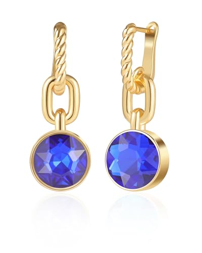 ACECHA Gold Hoop Earrings Trendy, 18K Gold Plated Dangle Earrings for Women Small Green Crystal Drop Huggie Hoop Hypoallergenic Earring Dainty Jewelry Gift (Sapphire blue)