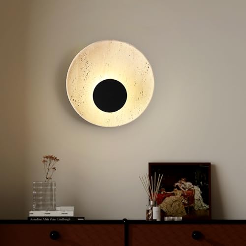Image of Round Wall Sconce, Natural Marble Hardwired Circular Sconce Modern Sconces Wall Lighting Vanity Light Fixtures for Bedroom, Stairs, Living Room, Bedside(Roman Travertine)