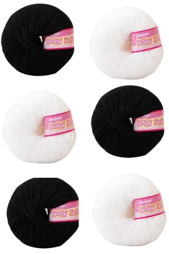 Image of Vardhman BabySoft Knitting Yarn | 100% Acrylic Wool | 4 Ply | Thin Knitting & Crocheting Hook Thread & Lightweight | Special Baby Wool | 150 Grams (6 Balls of 25g) | Machine Washable | Ideal for Blankets, Hats, Booties Ultra-Soft for Baby Sweaters, Blankets, Caps, Socks, Soft toys, Art & craft (Black 21 + White 18)