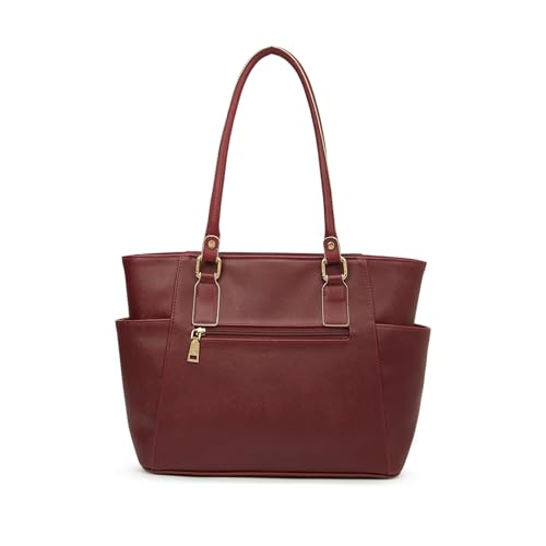 Image of Caprese Lexi Medium Tote Bag for Women | Solid Faux Leather Shoulder Handbag with Zipper Closure | External Eyewear /Sunglass Charm Case | Stylish Bag for Office & Everyday Use