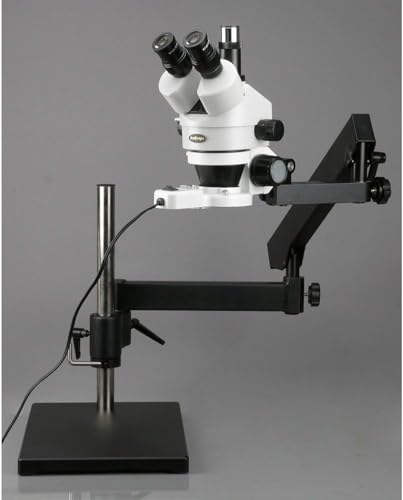 Image of AmScope SM-7TZ-FRL Professional Trinocular Stereo Zoom Microscope, WH10x Eyepieces, 3.5X-90X Magnification, 0.7X-4.5X Zoom Objective, 8W Fluorescent Ring Light, Articulating-Arm Boom Stand, 110V-120V, Includes 0.5X and 2.0X Barlow Lenses