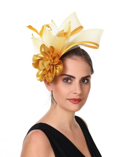 SAFERIN Fascinators Flower Tea Party Fascinator Headband and Clip Hats for Women (US, Alpha, Medium, ST08-Yellow)