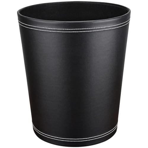 Image of GORESE Pu Leather Trash Can, 2.6 Gallon Black Bathroom Trash Can, Small Office Garbage Can Wastebasket for Bedroom, Kitchen, Round Trash Bin Decorative Under-Sink /Desk /Home Easy to Clean