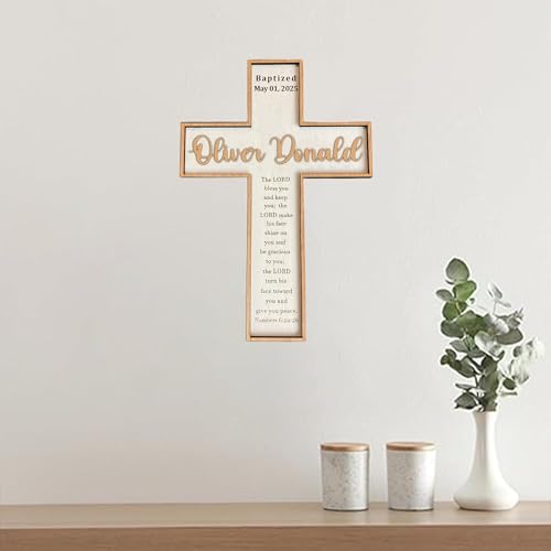 Image of Godashop Personalized Baptism Cross Wood Sign, Wooden Sign Baptism Gifts For Baby, Christening Gifts Crosses for children, Baptized Cross Sign, Dedication Gift - A5