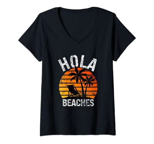 Photo de Femme Hola Beaches, vintage, rétro, fun, vacances d'été à la plage, coucher de soleil T-Shirt avec Col en V