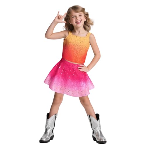 Image of Girls Sparkly 2 Pieces Outfit Kids Crop Top and Skirt Set Music Party Costume Birthday Gift