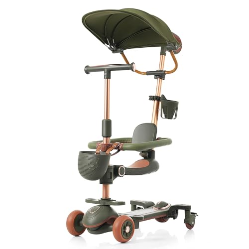 キックボード 子供 おもちゃ 【4段階高さ調整x光るLEDタイヤx折りたたみ式】 三輪車 手押し棒付き 【軽量で頑丈xストッパ-付きxカップホルダ-付き】 5つのモードが選べます | スピーカー付き スケートボード キックボード 小学生 グリーン