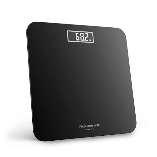 Rowenta Premiss 2.0, Bilancia da Bagno con Display LCD Facile da Leggere, Capacità 160Kg, Design Moderno e Funzioni Intelligenti, Auto Accensione e Spegnimento Automatico, Colore Nero, BS1800V0