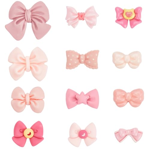 SUNNYCLUE 48Pcs 12 Styles Flat Back Bow Cabochons Bowknot Resin Charms Bulk Pink Bowties Shaped Scrapbooking Decor Cabochon for Phone Case Hairpins DIY Crafts Jewelry Making Embellishment Accessories