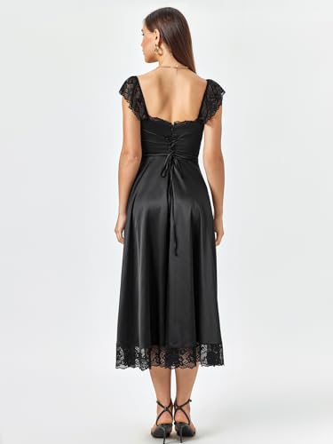 Image of EYNMIN Lace Strap Chiffon Dresses for Women Casaul Flowy A Line Midi Tea Party Dress