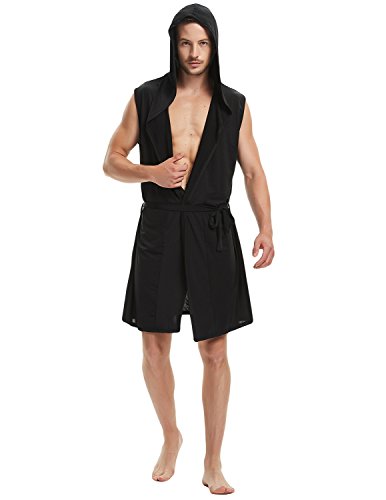 Haseil Men's Silk Kimono Bathrobe Hooded Sleeveless Open Front Sleepwear Pajamas, Black, Tagsizexl=Ussizel #TOP3