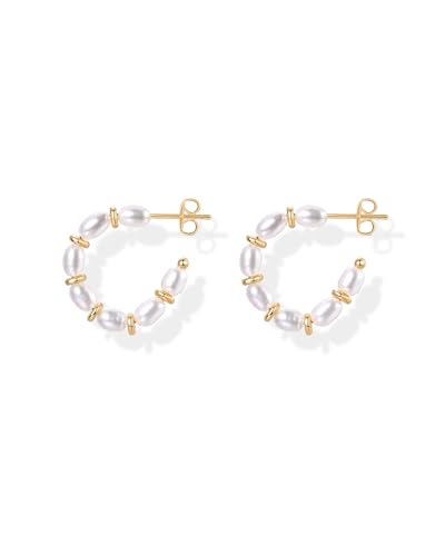 PAVOI 14K Gold-Plated Classic Pearl Hoop Earrings for Women | Freshwater Pearl Earring Pair3