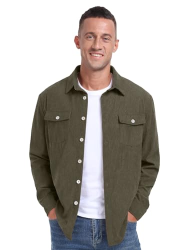 Image of Askdeer Men's Corduroy Button Down Shirts Long Sleeve Casual Shacket Jacket Western Corduroy Shirt Jacket with Flap Pockets