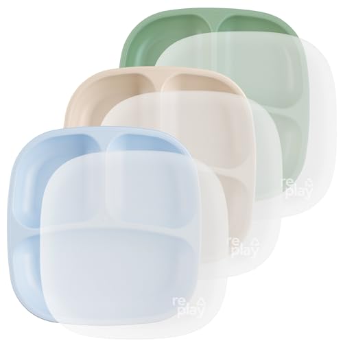Image of Re-Play Divided Toddler Plates Set of 3 - Deep-Walled 3 Compartment Kids Plates for Picky Eaters - Dishwasher & Microwave Safe - BPA-Free - Made in USA, Beach Baby