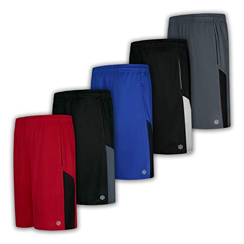 Men's Premium Moisture Wicking Active Athletic Performance Shorts with Pockets - 5 Pack