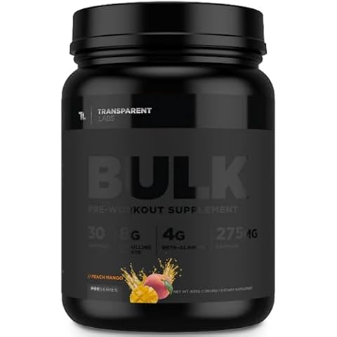 Transparent Labs Bulk Black Pre Workout - Clinically Dosed, Sugar Free Preworkout for Men and Women with Beta Alanine Powder, Citrulline Malate, & Caffeine Powder- 30 Servings, Peach Mango Cover