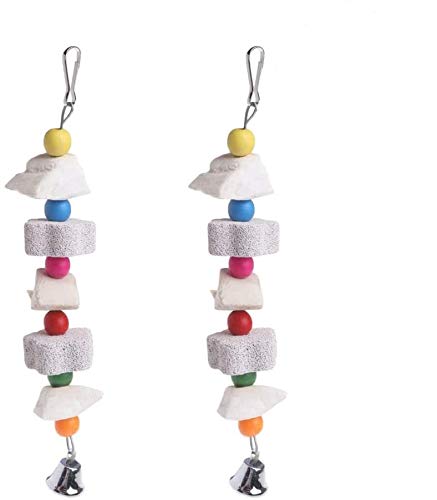 Bird Beak Trim Cuttlebone Calcium Stone Lava Block Chew Toy Grinding Teeth Natural Minerals with Bell for Parakeet Conure Lovebird Cockatiel Finch Canary Hamster Chinchilla Rabbit 2 Pack