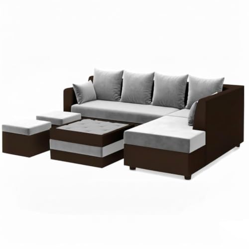 Image of CASASTYLE Stylify 8 Seater Fabric RHS L Shape Sofa Set with 1 Centre Table & 2 Ottoman (Light Grey-Dark Brown) 8 Person Seating with Premium Velvet Finish | Ideal for Living Room