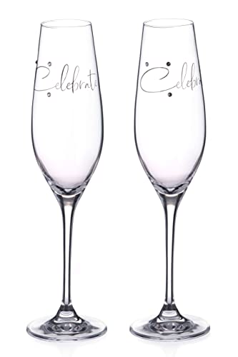 DIAMANTE Champagne Flutes Crystal Prosecco Glasses with “Celebrate” Slogan - Embellished with Crystals - Gift Boxed Pair - Image 2