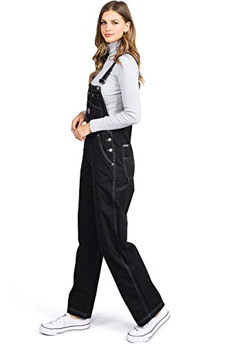 Revolt by Palomares Women's Juniors Baggy Straight Leg Twill/Denim Overalls (L, Black Night)