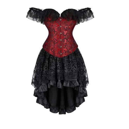 Jutrisujo Black Red Corset Dress Skirt Top Set for Women with Sleeves Off The Shoulder Lace Floral Plus Size Vintage XL