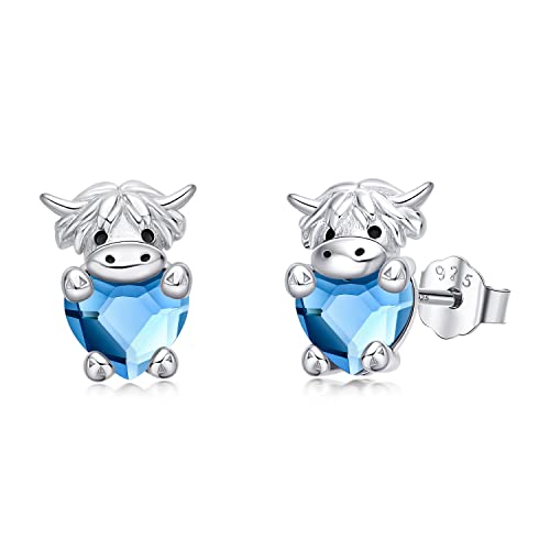 JUSTKIDSTOY Highland Cow Earrings 925 Sterling Silver Birthstone Earrings Cute Animal Cow Stud Earrings Jewelry Birthday Gifts for Women Girls Daughter Girlfriend