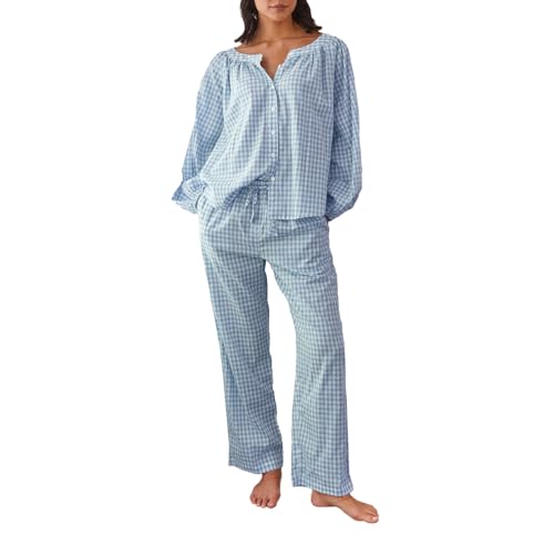 Image of Argeousgor Women Plaid 2 Piece Pajama Set Button Down Puff Sleeve Babydoll Shirt Gingham Pants Pj Lounge Set Sleepwear