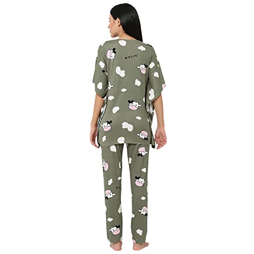 Image of Sweet Dreams Women Printed V-Neck Flared Sleeve Poly Brush Kaftaan & Pyjama Set