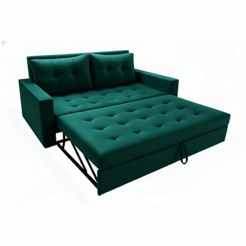 Image of FURNY Trissa 2 Seater Fabric Pull-Out Sofa Cum Bed Velvet Fabric Tealish Green | Modern Design | Living Room Furniture | Modern Stylish Sofa for Home