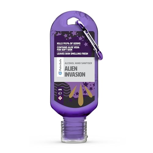 Palm Safe Alien Invasion 60ml Anti Bacterial Premium Hand Sanitiser Travel Size Refillable Clip Bottle Quick Drying Non Sticky Extra Moisturising Kills 99.9% of Viruses