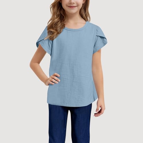Girls T Shirt Short Sleeve Ruffle Shirt Cotton Linen Blend Solid Color Crewneck Tops Kids Girls Plain Tshirts Clothes2