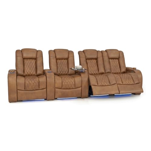 Image of Seatcraft Virtuoso LT Tawny Italian Leather Home Theater Seating, Zero Gravity Power Recliner, Heat and Massage, Powered Headrest and Lumbar Gaming and Home Office Chair, Row of 4 Left Loveseats