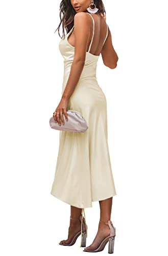 Image of LYANER Women's Satin Spaghetti Straps Cowl Neck Sexy Ruch Cocktail Midi Dresses