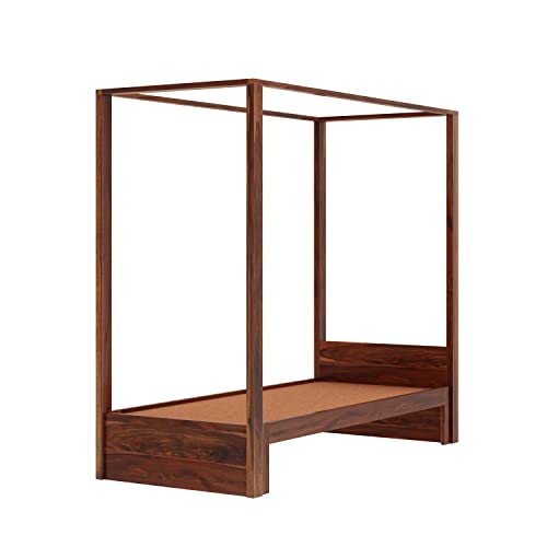 Image of Solid Sheesham Wood Single Size Poster Bed Without Storage for Bed Room Living Room Home Wooden Double Bed Palang Solid Wood Bedroom Furniture for Hotel (Honey Finish)