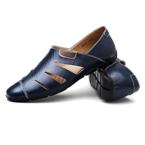 Men's Leather Closed Toe Hollow Sandals Loafters Slip On Flat Breathable Beach Fisherman Sandals Anti-Slip Dress Sandals2