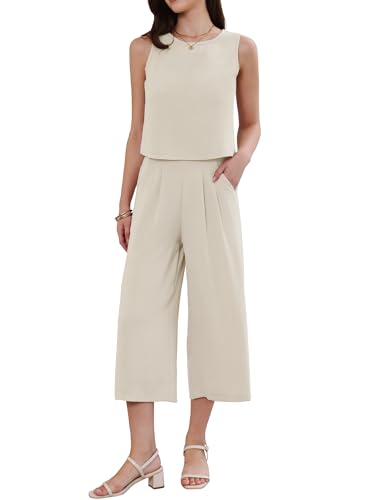 Allegra K Pants Suits for Women Summer 2 Piece Outfits Sleeveless Crop Top Elastic Waist Wide Leg Pants Casual Sets X-Small Khaki