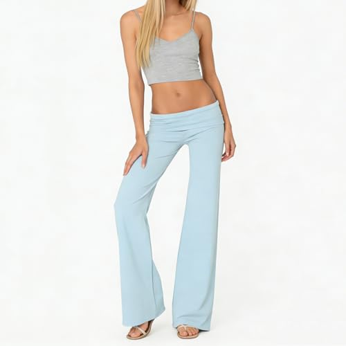 Image of Lounge Yoga Pants for Women Fold Over Low Waist Wide Leg Bell Bottoms | Y2K Foldover Pants, Flare Leggings, Low Rise Yoga Sweatpants
