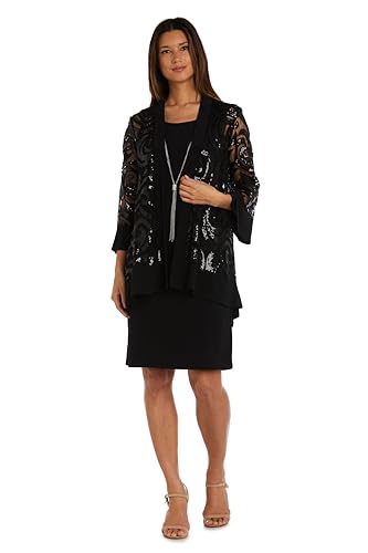 R&M Richards Plus Size Lace Dress Set in Black - Elegant Sheath and Sequin Jacket Ensemble