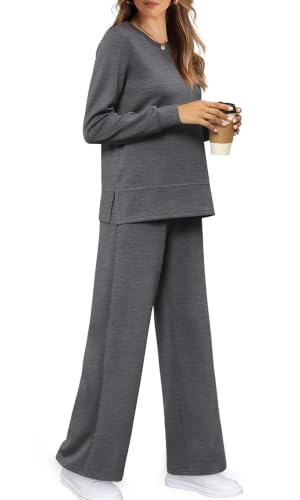 Image of WIHOLL Women's 2 Piece Lounge Sets Sweatshirt Casual Travel Outfits Fashion Wide Leg Tracksuit Cozy Sweatsuits