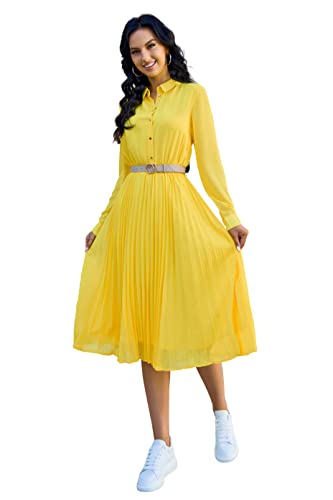 Image of Business Casual Shirt Dress for Women Long Sleeves Pleated Midi Dresses with Belt