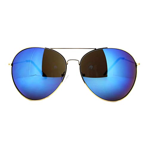 SUPER Oversized Aviator Sunglasses Big Metal Frame Gold, Blue Mirror Lens2
