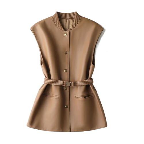 Women’s Belted Vest Waistcoat Lady Sheepskin Gilet Outerwear with Waistbelt