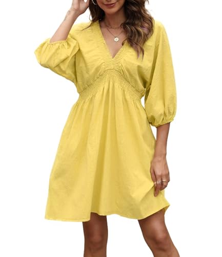 Image of Ladyful Women's Cotton Linen Mini Dress Summer 3 /4 Sleeve Deep V Neck Casual Lining Flowy Tunic Dress Short Sundress