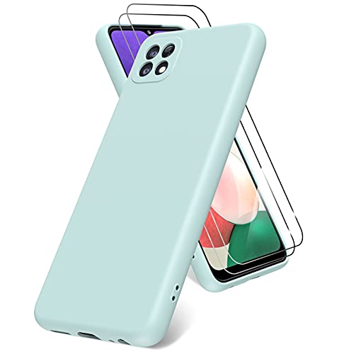 Vansdon Funda Compatible con Samsung Galaxy A22 5G, 2 Unidades Protector Pantalla Cristal Templado, Silicona Líquida Gel Ultra Suave Funda- Menta Cover