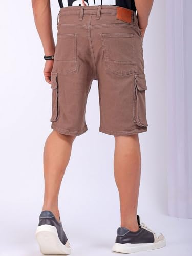 Image of The Indian Garage Co Men Relaxed Fit Solid Mid-Rise Denim Cargo Shorts