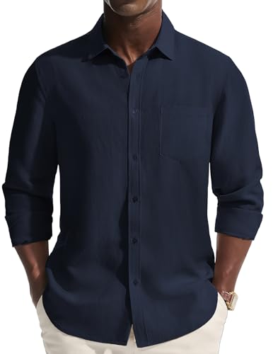 PJ PAUL JONES Men's Casual Button Down Shirts Long Sleeve Linen Beach Wedding Untucked Dress Shirt Summer Vacation Shirt Navy