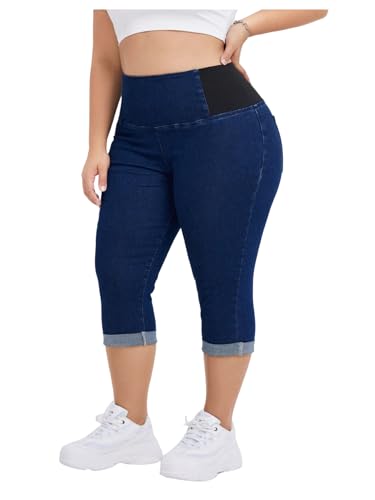 Verdusa Women's Plus Size Capri Jeans High Waisted Tummy Control Stretchy Fitted Denim Pants