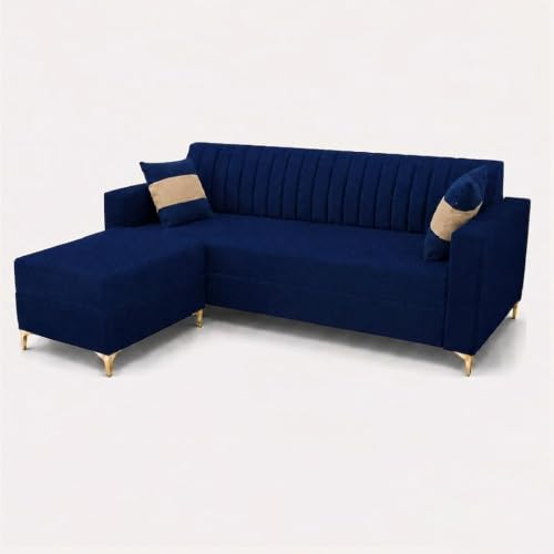 Image of FURNY Signature Regalia 4-Seater L-Shape Sofa Set with Movable Ottoman | Flexible LHS /RHS Layout | Boston Fabric | 40D Foam + Zigzag Spring | 3-Yr Warranty (Midnight Blue & Warm Beige)