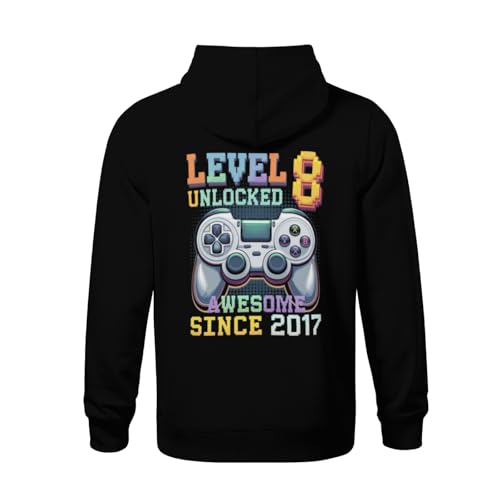 Kids Level 8 Unlocked Awesome Since 2017 8th Birthday Gaming Boys Girls Lightweight Kangaroo Pocket Fleece Hoodies3